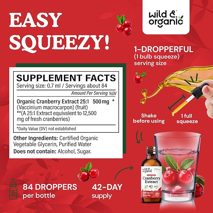 Wild & Organic Cranberry Supplement Drops - Urinary Tract Support for Women & Men - Pure Cranberry Extract Liquid Supplement - Vegan, Sugar & Alcohol-Free Tincture - 2 fl oz