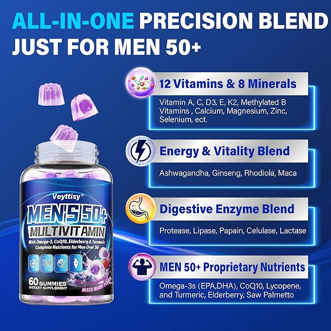 Sugar Free Multivitamin Gummies for Men 50 Plus - Methylated Multivitamin with Omega-3, CoQ10, Elderberry & Turmeric for Energy, Immune, Gut, Health Support - Vegan, Non-GMO, Gluten-Free