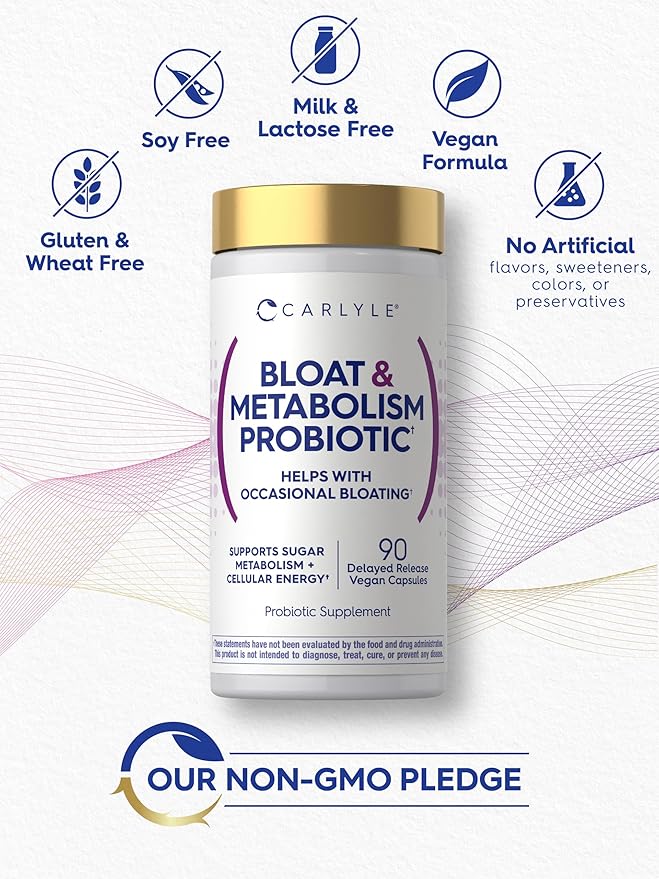 Carlyle Bloat and Metabolism Probiotic | 90 Capsules | Bloating Relief Formula | Sugar & Cellular Energy Support | for Women and Men | Vegan, Non-GMO, Gluten Free