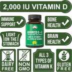 Peak Performance Advanced Vitamin D 2000 IU with All 3 Types of Vitamin K Vitamin D3 and Vitamin K2, K1, MK-7 (MK7), MK4 Supplements - 60 Small and Easy to Swallow Vegetable Pills