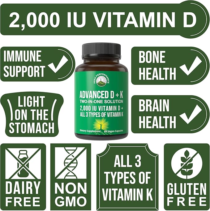 Peak Performance Advanced Vitamin D 2000 IU with All 3 Types of Vitamin K Vitamin D3 and Vitamin K2, K1, MK-7 (MK7), MK4 Supplements - 60 Small and Easy to Swallow Vegetable Pills
