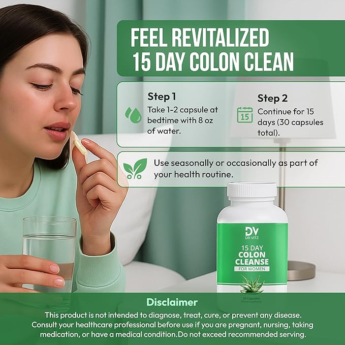 15 Day Colon Cleanse for Women – Natural Detox Pills with Herbs, Fiber & Probiotics – Bloating & Constipation Relief, Weight Loss & Gut Health Reset – 30 Capsules