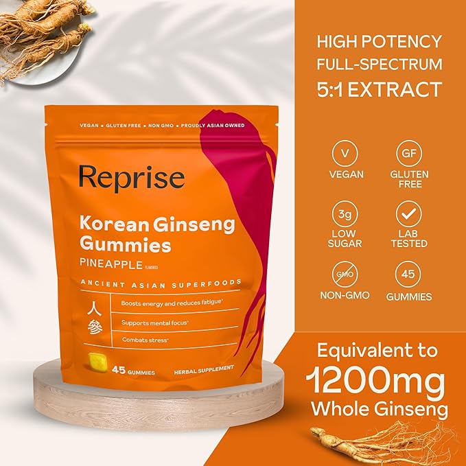 Ginseng Gummies for Adults | Korean Ginseng Supplement for Men and for Women | 240 mg Red Ginseng Gummy | Energy Gummies for Memory, and Immunity | Pineapple Flavored Ginseng Chews, 45 Gummies