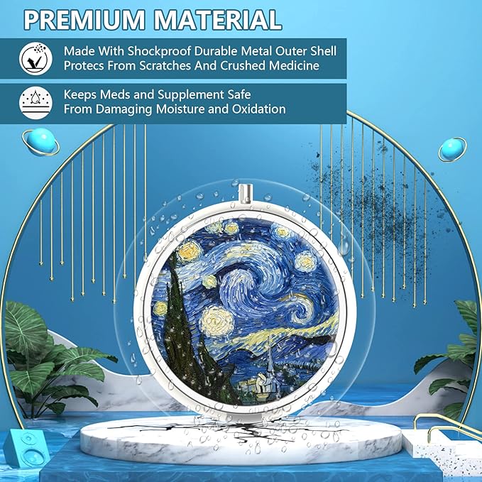 Pill Box 3 Compartment Small Pill Case,Portable for Pocket or Purse Pill Organizer Pill Container Holder to Hold Vitamins, Medication, Fish Oil and Supplements(Starry Night)