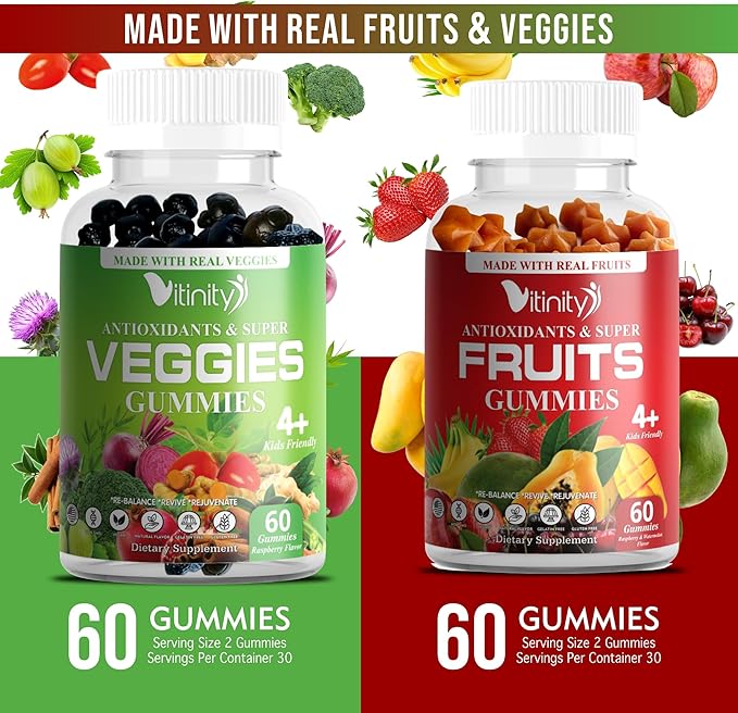 VITINITY Fruit and Veggies Supplement Gummies – Greens Gummies with Real Fruits & Vegetables – Vegan Fruit Gummies & Super Greens Gummies for Adults & Kids, 60 Count (30 Day Supply)