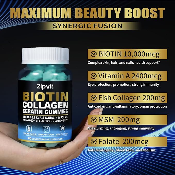 zipvit Biotin Collagen Gummies – Hair Skin and Nails Vitamins for Women & Men – Hair Growth Vitamins: B1, B2, B3, B6, B7, Collagen, Keratin, Vitamin A & D – Hair Growth Supplement – 60 Gummy Bears
