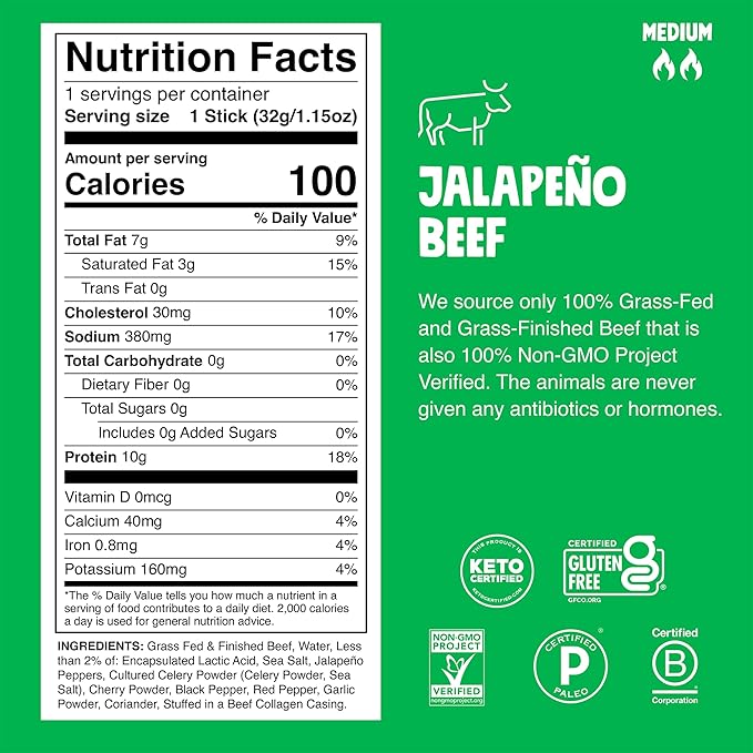 Chomps Grass-Fed and Finished Jalapeño Beef Jerky Snack Sticks 24-Pack - Keto, Paleo, Whole30, 10g Lean Meat Protein, Gluten-Free, Zero Sugar Food, Non-GMO