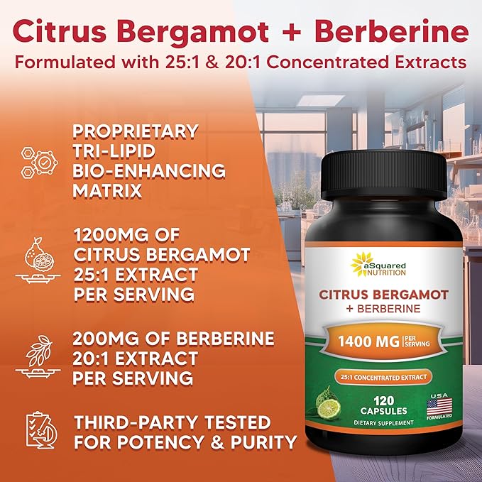 aSquared Nutrition Citrus Bergamot with Berberine Supplement - 1400mg Per Serving Max Strength Complex - 120 Capsules - Supports Cardiovascular Health - Pills Alternative to Gummies & Liquid Drops