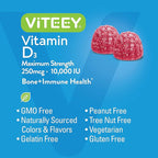 VITEEY Vitamin D3 Gummies for Adults & Teens - 10,000 IU, 250mcg, Maximum Strength - Joint & Muscle Health, Immune Boost - Chewable Vitamin D Gummies - Vegetarian, Gelatin Free - Tasty Berry Flavored