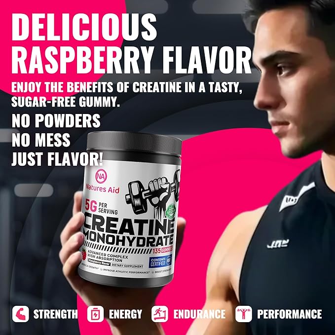 Natures Aid NSF Certified Creatine Gummy 5g - Creatine Monohydrate Gummies – Pre-Workout Energy & Muscle Growth Support for Men & Women | Raspberry Electrolyte Gummies (135 Count)