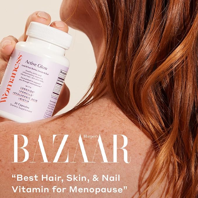 Womaness Active Glow Hair Skin and Nails Vitamins for Women - Hair Growth Vitamins with Hyaluronic Acid - Biotin and Curcumin - Nail Care, Joint Support and Glow Supplements for Dry Skin - 30 Capsules