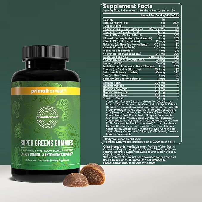 Primal Harvest Super Greens Gummies, Superfood Blend with Adaptogenic Mushrooms Vitamins & Nutrient-Rich Minerals & Antioxidants for Energy & Immune Support (1 Pack (60 Count), Berry)