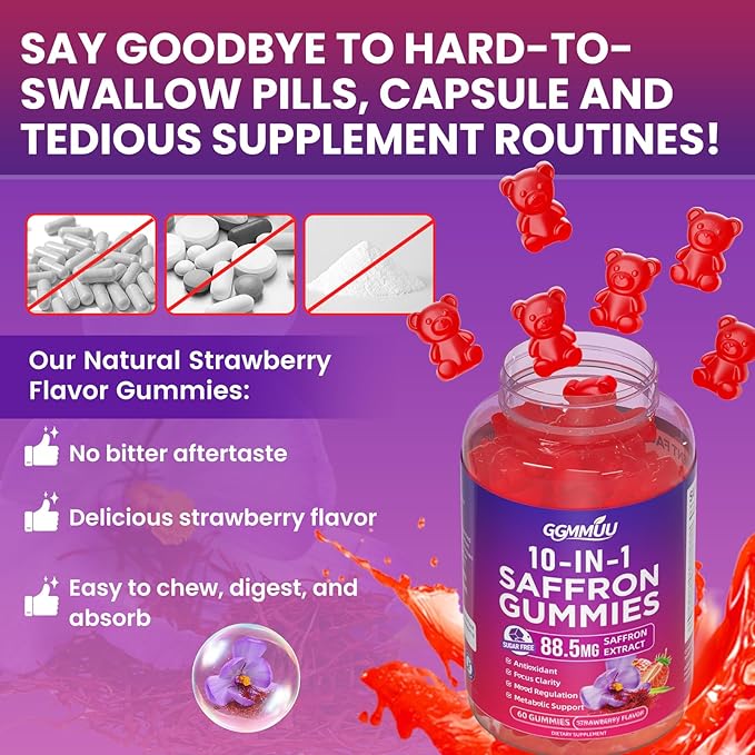Saffron Supplement Gummies, 10-in-1 Cortisol Supplement with Saffron 88.5mg, Magnesium, Rhodiola Rosea, Ashwagandha, L-Theanine, St. John's Wort, for Calm, Focus & Relaxation, 60 Count