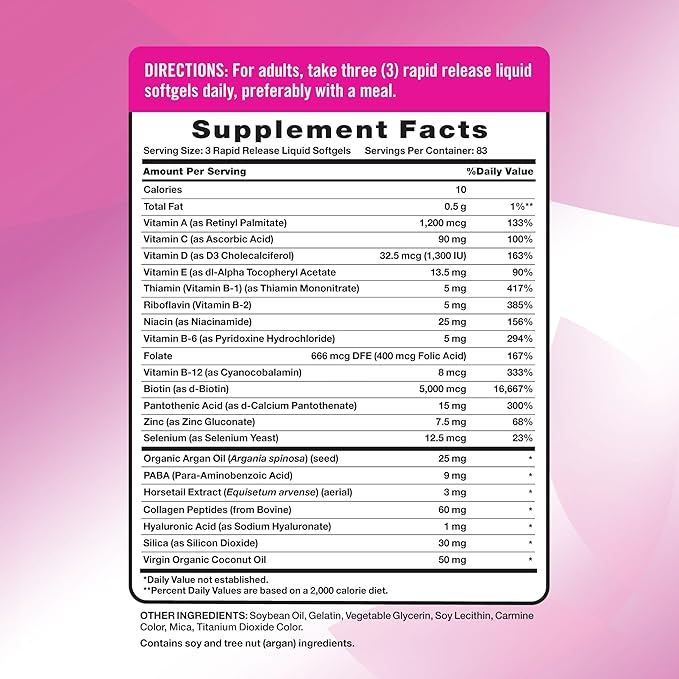 Nature's Truth Hair, Skin & Nails Vitamins | 5000mcg | 250 Softgels | Includes Collagen, Biotin and Coconut Oil | Non-GMO & Gluten Free Supplement for Women and Men