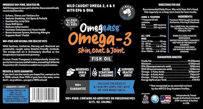 100% Pure Fish Oil for Dogs & Cats (1,545mg Omega 3 per Teaspoon) 32oz. Loaded with EPA & DHA for Joints, Skin & Coat, Itching, Heart & Immune Health. Stronger Than Salmon Oil. Unflavored Omegease.