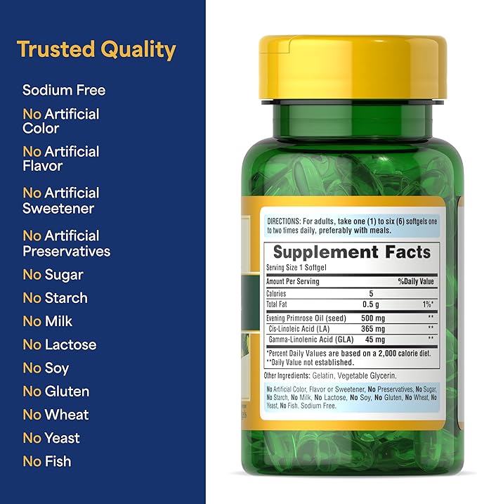 Puritan's Pride Cold Pressed Evening Primrose Oil 500 mg with GLA, Dietary Support Supplement for Womens and Skin Health, 100 Rapid Release Soft Gels