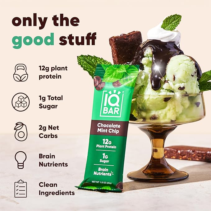 IQBAR Clean Plant Protein Bars - Chocolate Mint Chip - 36 Count - Keto, Vegan, High Fiber, Gluten and Dairy Free, Low Sugar Snack - Brain and Body Nutrients for Focus, Energy, Meal Replacement