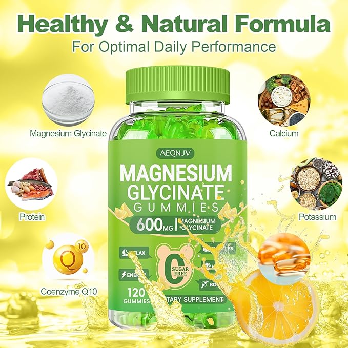 Magnesium Glycinate Gummies 600mg, Chewable Magnesium Supplements for Adults, Men and Women, Vitamin D, B6 and CoQ10, Potassium Magnesium Gummy for Sleep, Relaxation, Brain & Muscle, 120 Gummies