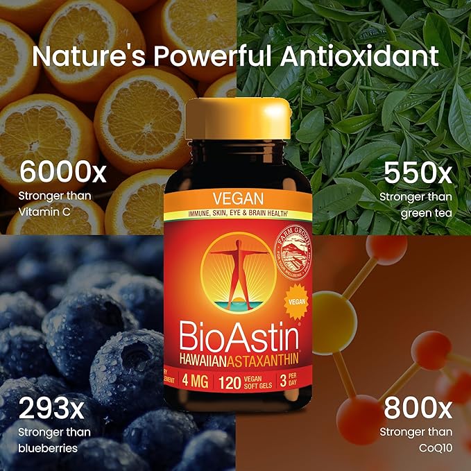 Nutrex Hawaii Vegan BioAstin Hawaiian Astaxanthin - 4mg, 120 Softgels - Farm-Direct Premium Antioxidant Supplement to Support Eye, Skin, Joint & Immune System Health - Vegan, Non-GMO & Gluten-Free