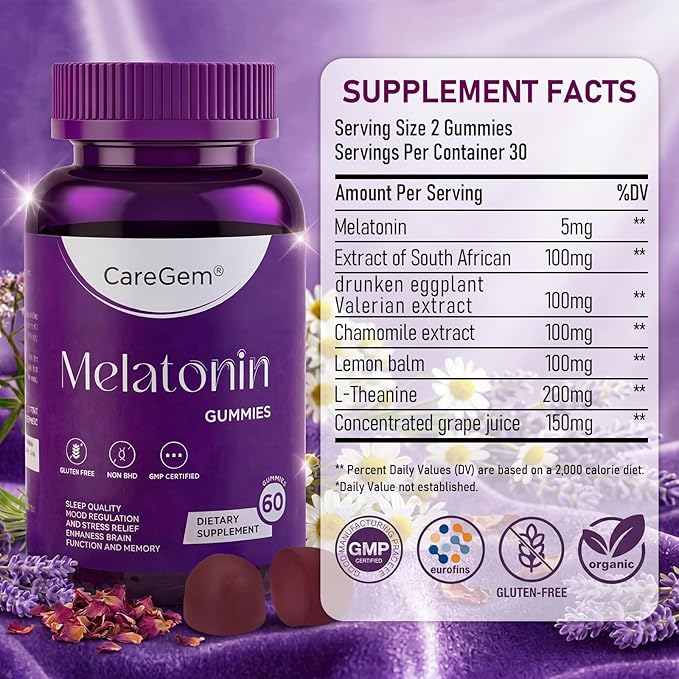 Sleep Aid | 5mg Melatonin Gummies with Ashwagandha, Valerian Root & L-Theanine | Natural Sleep Support for Adults | Stress Relief & Relaxation | Non Habit Forming 60 Count