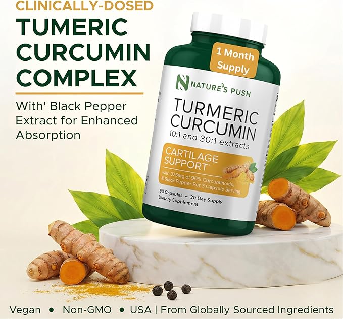 Nature's Push Turmeric Curcumin Super Potent 30:1 Extract 375mg 90% Curcuminoids, 1,350mg Turmeric Root 10:1 Plus Black Pepper for Healthy Inflammation Support Non-GMO Gluten Free Vegan USA 90 Caps