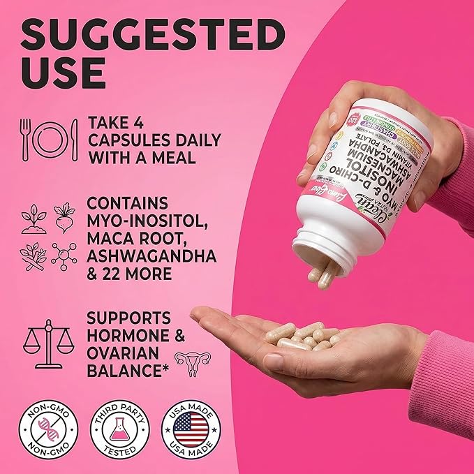 Myo Inositol D Chiro Inositol Supplement for Women - Hormone Balance with Magnesium Ashwagandha Vitamin D3 Folate Maca Root Chasteberry Evening Primrose | Ovarian Support Capsules 120 Count