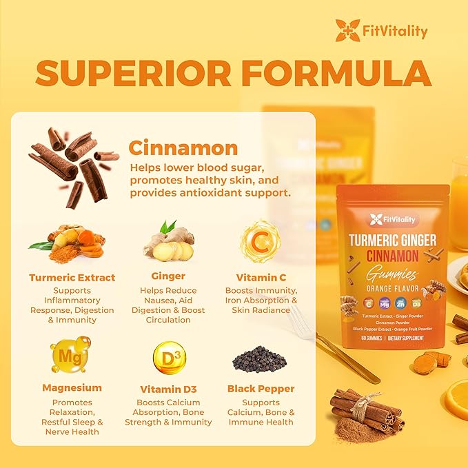 Premium 60 Turmeric Ginger Cinnamon Gummies – with Vitamin E, B12, Magnesium, Black Pepper Extract & Vitamin D3 – Orange Fruit Flavor - Vegan Gummies