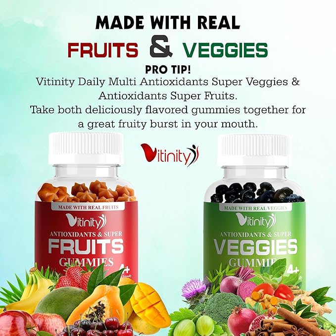 VITINITY Fruit and Veggies Supplement Gummies – Greens Gummies with Real Fruits & Vegetables – Vegan Fruit Gummies & Super Greens Gummies for Adults & Kids, 60 Count (30 Day Supply)