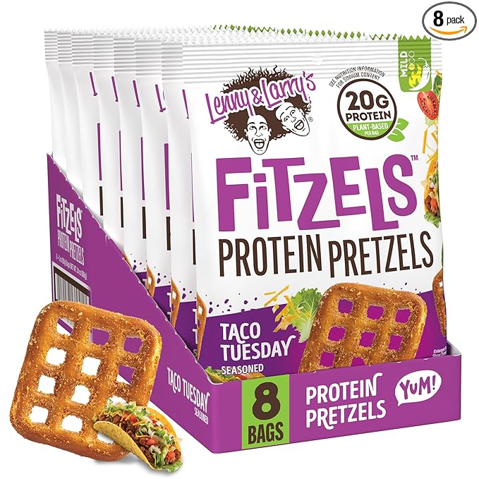 Lenny & Larry's Protein Pretzel [Taco Tuesday] FITZELS - Crunchy, Salty, Savory, Tasty Snack High in Protein - 20 g's of Plant Protein 8 Bags, 3 oz Each