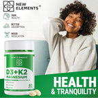 New Elements Vitamin D3 K2 10,000 IU with Magnesium Glycinate 500mg - Bone Health, Immune Support, Energy & Mood - Non-GMO, Gluten-Free, Sugar-Free Softgels for Women & Men (60 softgels)