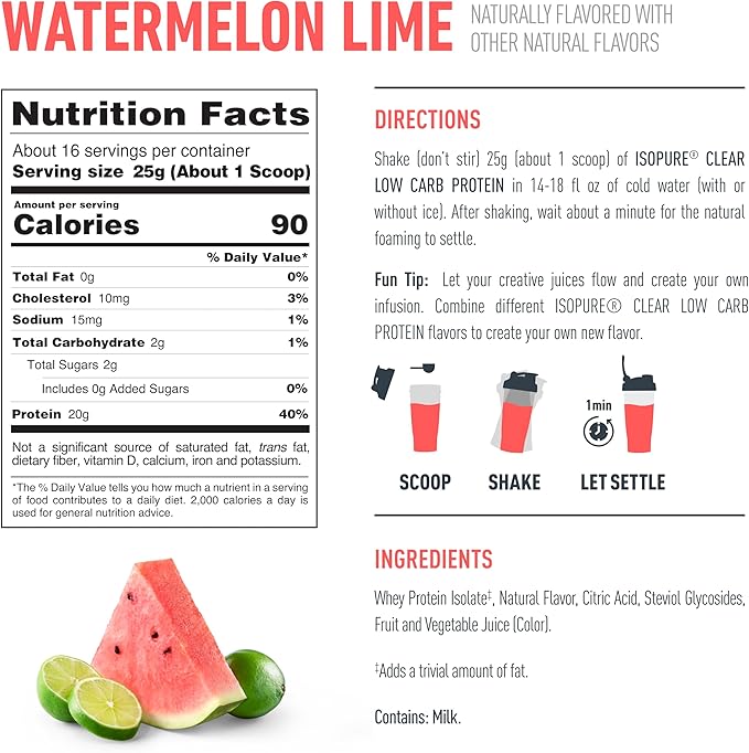 Isopure Clear Whey Isolate Watermelon Lime Protein Powder 16 Servings + 1 Bottle of Clear Protein Water with Electrolytes, 15g Whey Protein Isolate, Zero Sugar, Mixed Berry, 20 fl oz Bottle