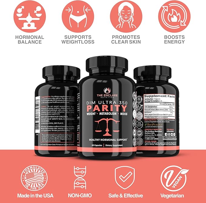 THE ENCLARE NUTRITION DIM Supplement 350mg Estrogen Balance for Women & Men, Hormonal Acne, Menopause Support, Metabolism, PCOS, Bodybuilding. Diindolylmethane 60 Capsules, Broccoli, Vegan (1)