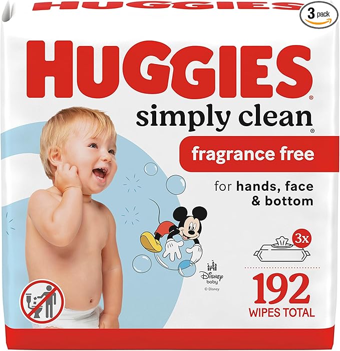 Huggies Simply Clean Unscented Baby Diaper Wipes, 3 Flip-Top Packs (192 Wipes Total), Packaging May Vary