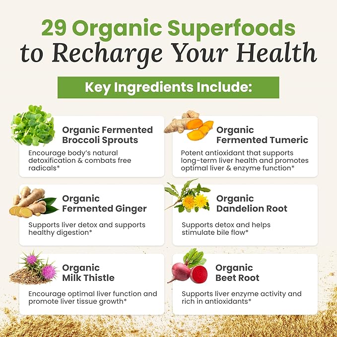 Daily Detox Greens Powder, Organic Superfood Supplement for Detox, Gut Health, Energy, Immune Support, Overall Wellness, Gluten Free Multivitamin Drink Mix, Vegan, Non GMO, 30 Servings
