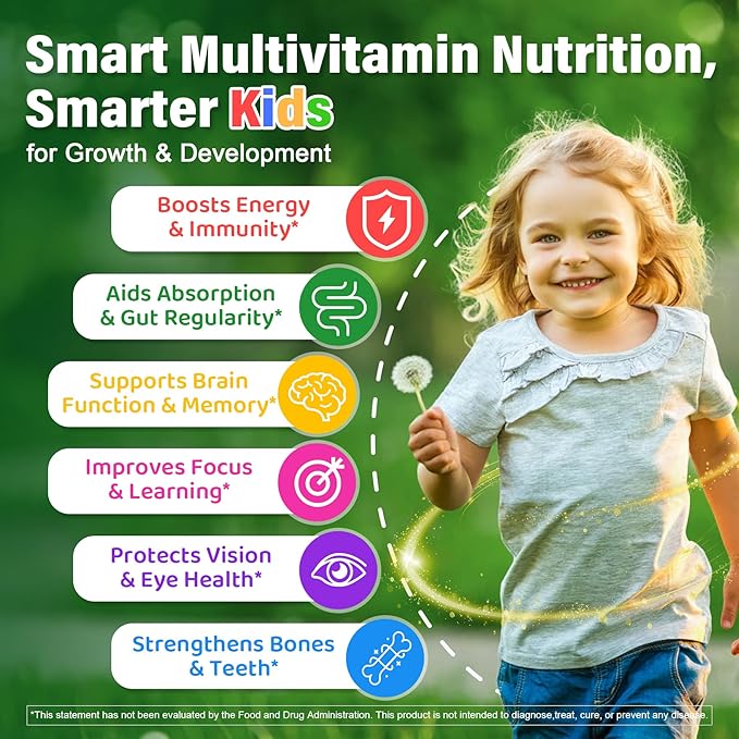 Kids Multivitamin Gummies, 20+ Super Greens Fruit and Veggies Supplement Superfood Daily Gummies with Probiotics for Kids Gummy Vitamins & Minerals for Tummy & Immune Support -Vegan, Sugar Free, 60Cts