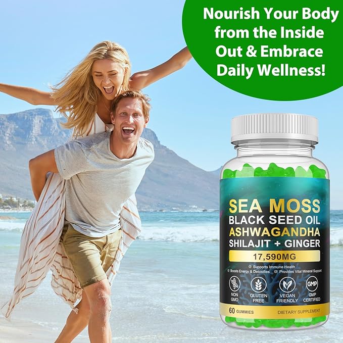 Sea Moss Gummies, SeaMoss Gummy with Black Seed Oil,Ashwagandha,Natural Ingredients Shilajit & Ginger for Men & Women, 17,590mg-60 Gummies