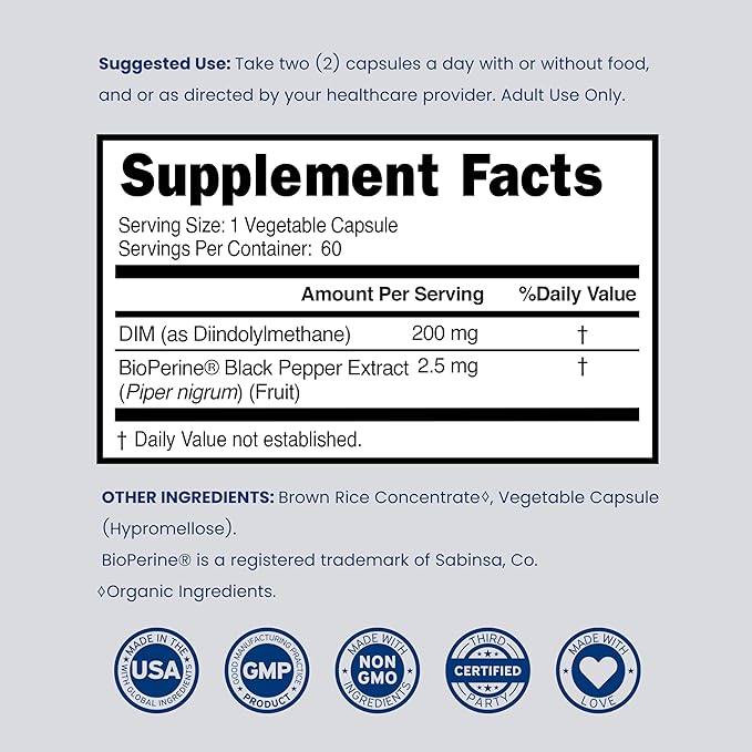 DIM Supplement for Women & Men (Diindolylmethane Estrogen Blocking Supplement, Hormonal Acne Treatment, Hormone Balance for Women) (200mg Per Serving) - Vegan, Gluten-Free, USA Made (60 Capsules)