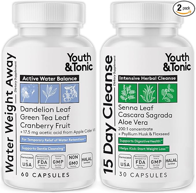 Youth & Tonic Water & Waste Reset – Water Weight Away & 15 Day Cleanse Pills for Digestive Cleanse, Fluid Retention, Colon Cleanser, Gut Detox & Bloating Support for Women & Men – 90 Capsules