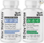 Youth & Tonic Water & Waste Reset – Water Weight Away & 15 Day Cleanse Pills for Digestive Cleanse, Fluid Retention, Colon Cleanser, Gut Detox & Bloating Support for Women & Men – 90 Capsules