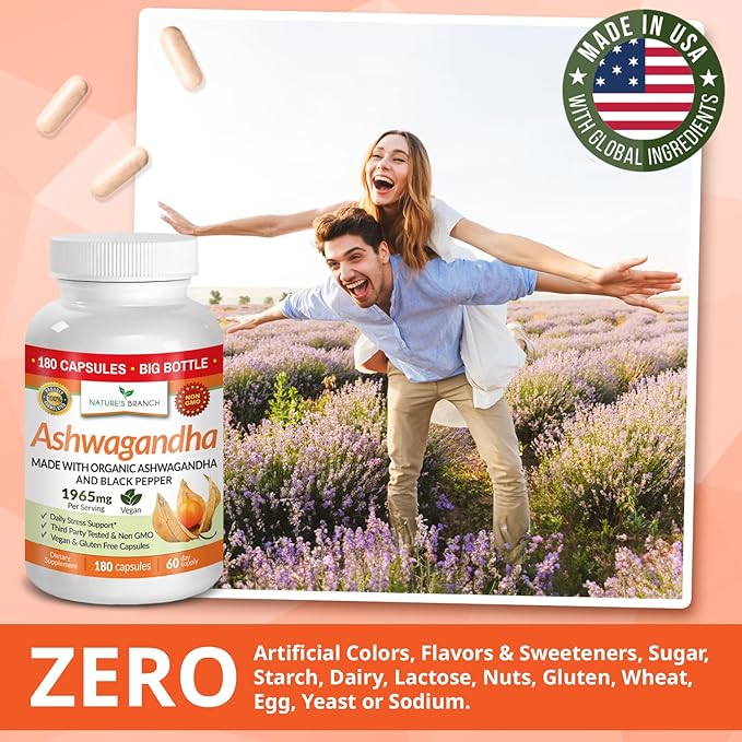 UDAF Certified Organic Ashwagandha with Black Pepper, 1965mg - Extra Strength for Stress, Sleep, Mood, Thyroid, Energy, Hair, Vegan Pure Root Extract Powder Supplement for Men and Women | 180 Capsules