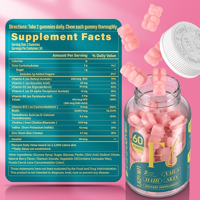Biotin Gummies -Hair Skin and Nails Vitamins for Men & Women, Vegan Vitamin B7, Supports Hair Growth and Stronger Nails,30 Day Supply - Raspberry-60 Count