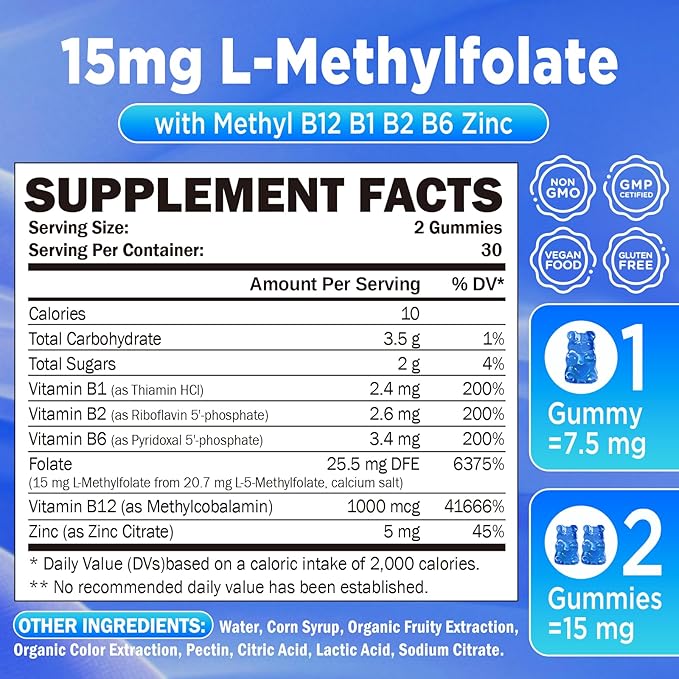 L-Methylfolate 15mg & Methyl B12 1000mcg Gummies, Methylated B1, B2, B6 Multivitamins for Men Women, Active 5-MTHF & B Complex Supplement Supports MTHFR Gene, Immune, Brain Health, Vegan, 60 Gummies