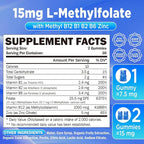 L-Methylfolate 15mg & Methyl B12 1000mcg Gummies, Methylated B1, B2, B6 Multivitamins for Men Women, Active 5-MTHF & B Complex Supplement Supports MTHFR Gene, Immune, Brain Health, Vegan, 60 Gummies