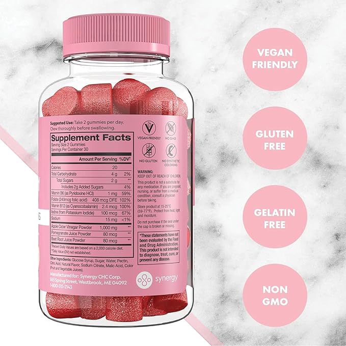 Flat Tummy Apple Cider Vinegar Gummies,– ACV Gummies,Detox,Support Gut Health – Vegan-Friendly,Non-GMO - Beet and Pomegranate Superfood Powders,Vitamins B6,B9 & B12,60 Count (Pack of 3)