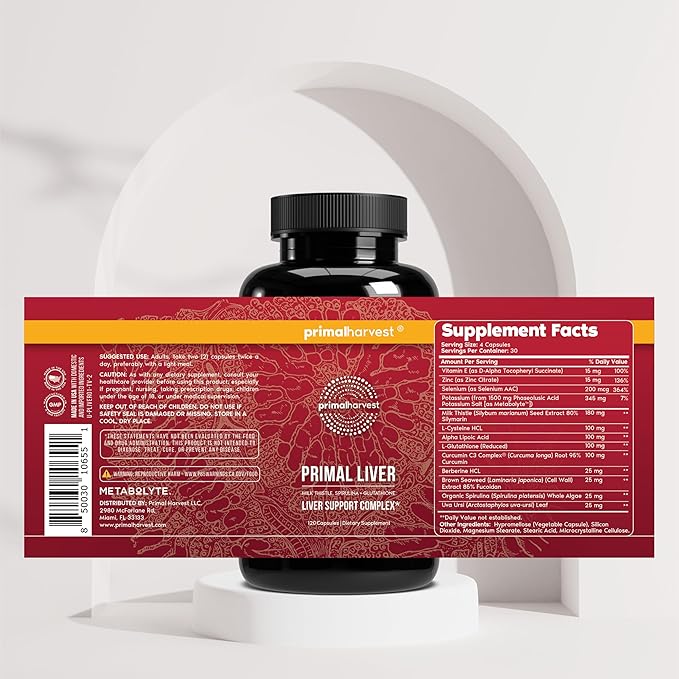 Primal Harvest Primal Liver Liver Supplement with, Alpha-Lipoic Acid, L-Cysteine HCL, L-Glutathione, Milk Thistle, and Spirulina, for Men and Women, 120 Capsules