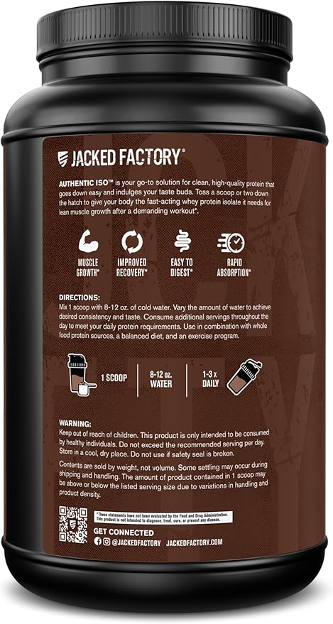 Jacked Factory Authentic ISO Whey Protein Isolate Powder - Low Carb, Non-GMO Muscle Building Protein w/No Fillers, Post Workout Recovery, Dark Chocolate - 25 Servings