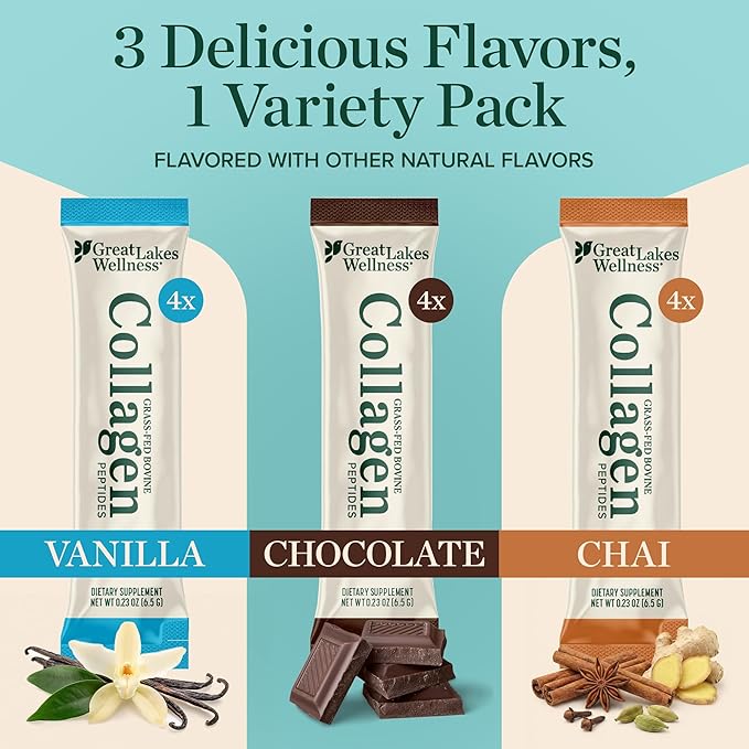 Great Lakes Wellness Collagen Peptides Powder for Skin, Hair, Nails, Joints & Digestion - Variety Flavors - Quick Dissolve Hydrolyzed, Non-GMO, Kosher - 12 Sticks