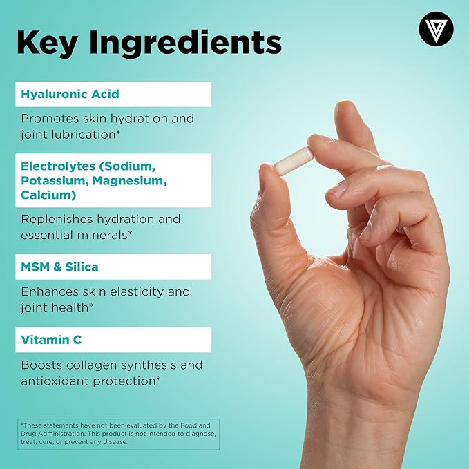 Vital Vitamins Hyaluronic Acid Supplement Hydration Complex - with Hyaluronic Acid, MSM, Vitamin C, Coconut Water Powder, & Silica - Skin Hydration Supplements - Non-GMO - 60 Capsules, 30 Servings