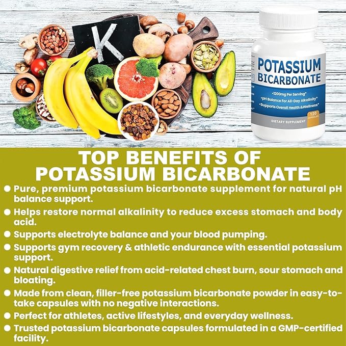Pure Potassium Bicarbonate Supplement Capsules pH Balance Pills, High Potassium Electrolytes 1200mg Serv. USA Made Potassium Bicarbonate Food Grade, Acid-Alkaline Balance Immunity Endurance 2-Pack