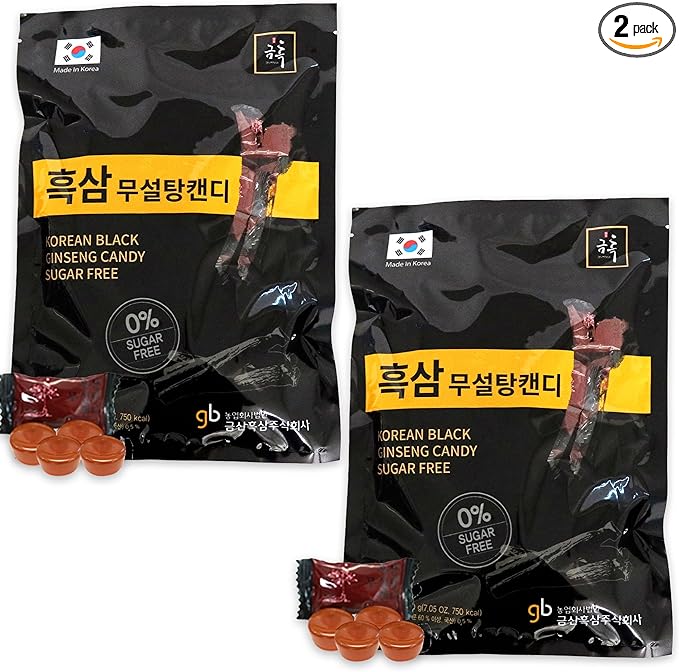 GeumHeuk Korean Panax Black Ginseng Candy Real Sugar Free (200g X 2 Bags (400g)) - NO Corn Syrup. Smooth, Breath Refresher, Healthy Candy, Best Taste and Sugar Free, Energy Candy